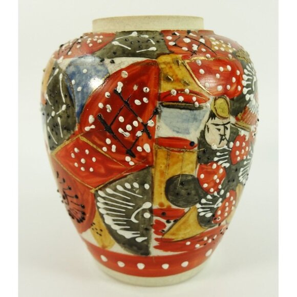 Vintage Satsuma-Style Art Vase Pottery Moriage Japanese Warrior Samurai Crazing - Picture 3 of 14